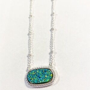 Iridescent Blue & Green Druzy Silver Pend Necklace